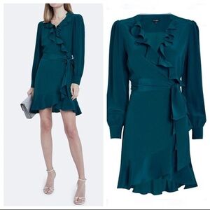 Intermix Aviana Silk Wrap Dress Teal Green Blue Ruffle Trim 6